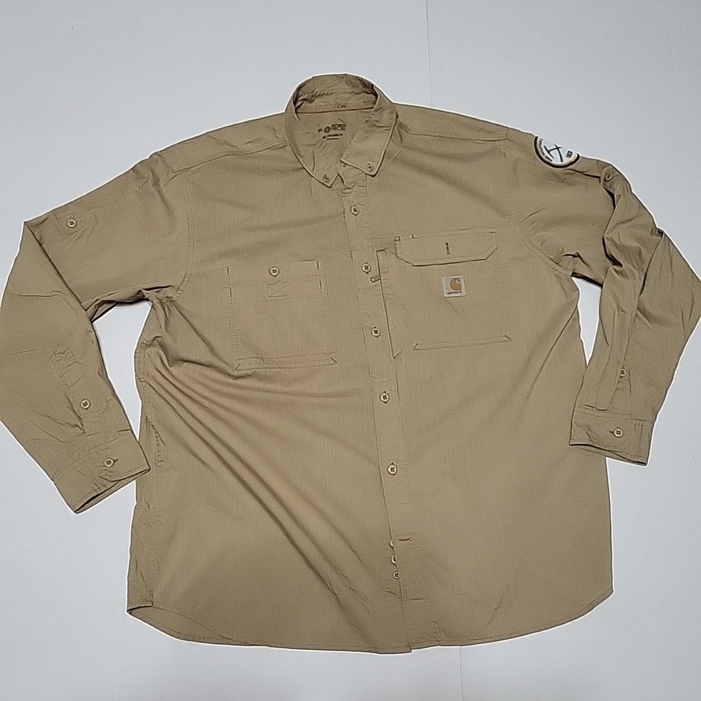 Carhartt Force Men's Beige Button Work Shirt XL PINE Mountain Gold Museum Patch